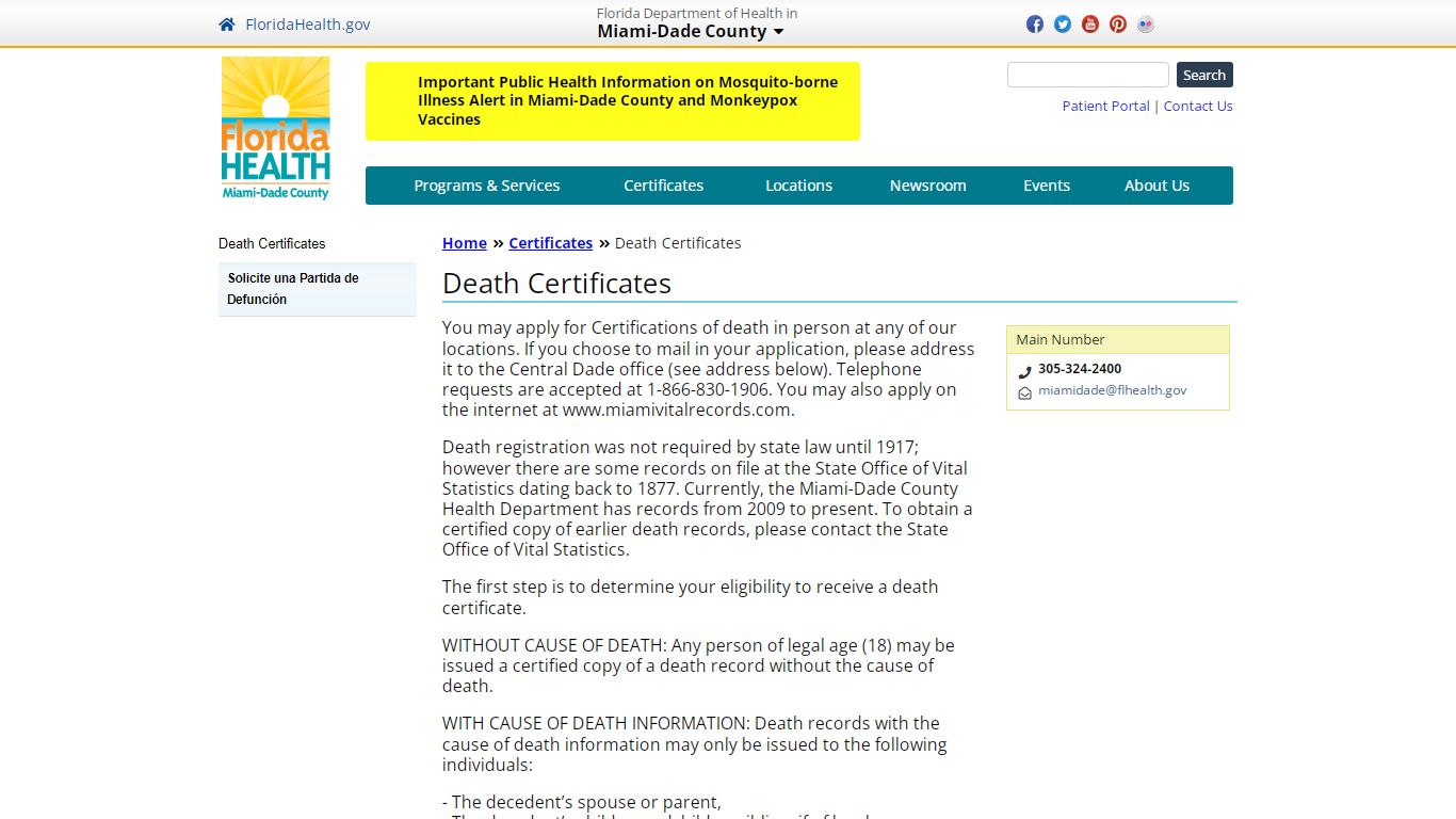 Death Certificates | Florida Department of Health in Miami-Dade